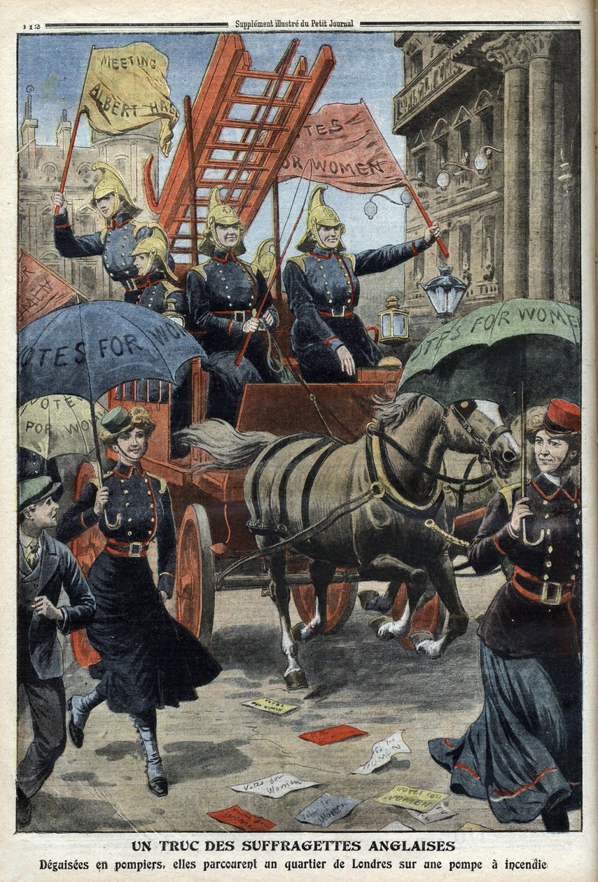 Engelske suffragetter kledd som brannmenn, fra 