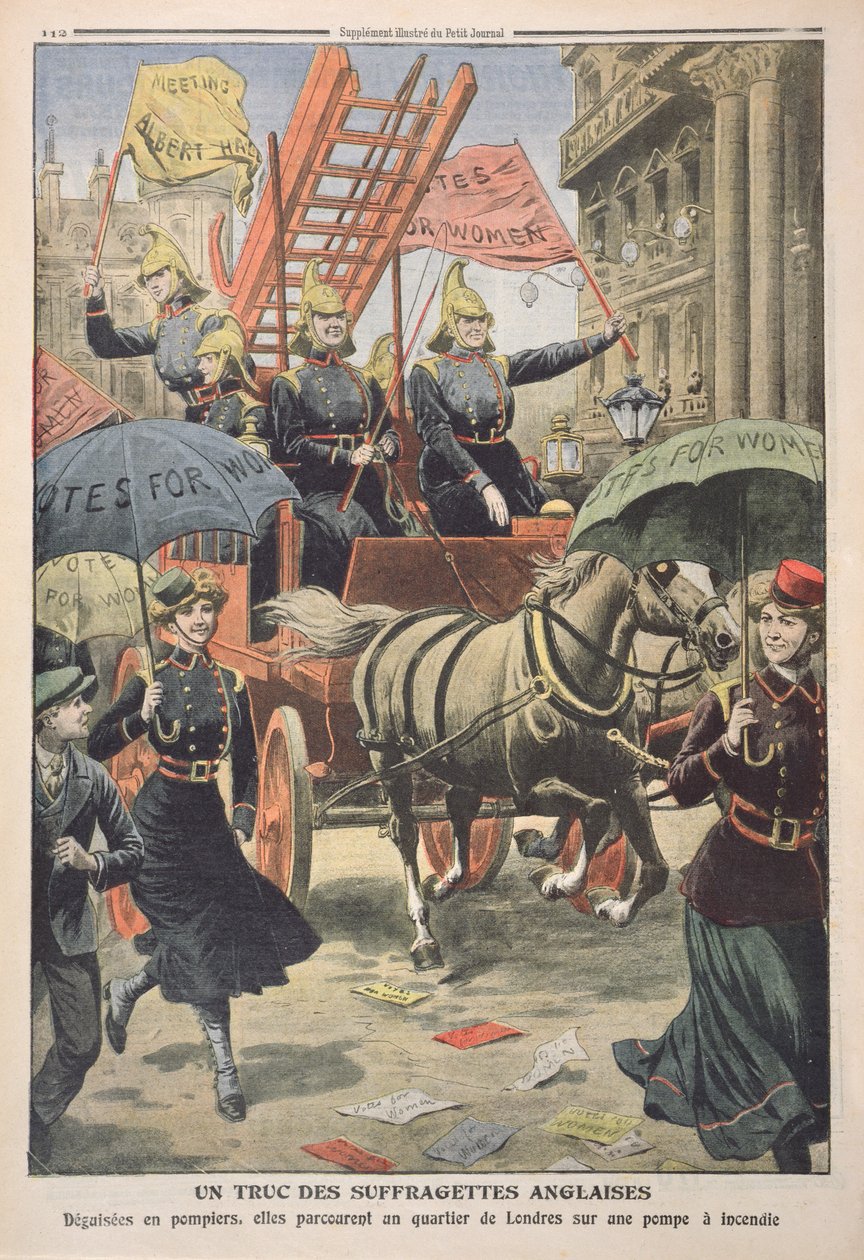 Engelske suffragetter kledd som brannmenn, fra Le Petit Journal, 3. april 1910 av French School