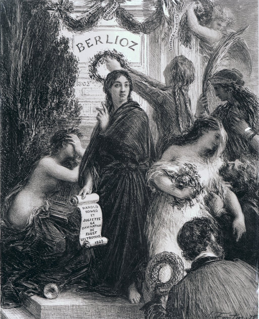 Gravering dedikert til minnet om Hector Berlioz, 1869 av French School