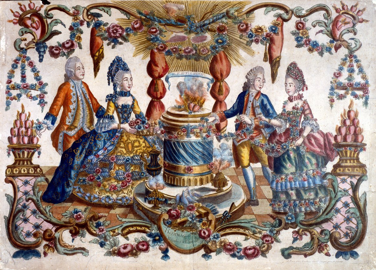 Gravering som viser franske adelsmenn og -kvinner som går i en hage. 1700-tallet av French School