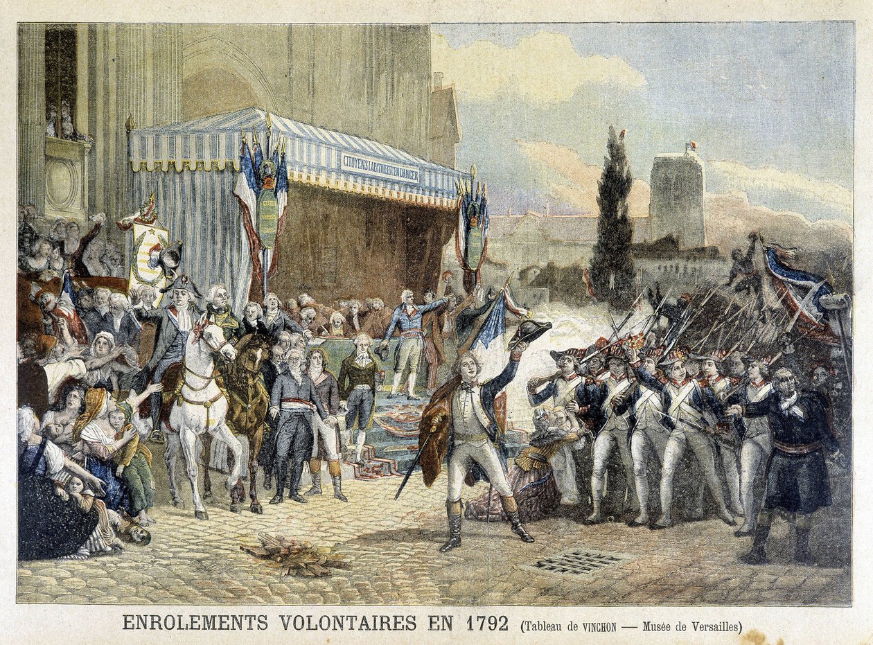 Påmelding av frivillige i 1792 (farget gravering) av French School