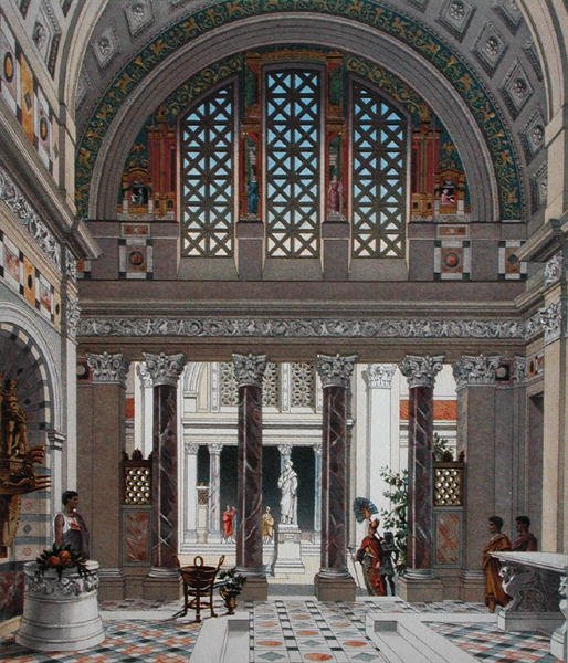 Inngangshallen til et palass i det gamle Roma, ca. 1880 (farge litho) av French School