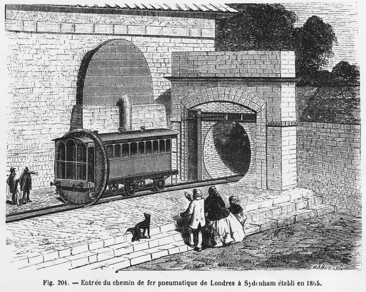 Inngangen til den pneumatiske jernbanen fra London til Sydenham, etablert i 1865 - i "The Wonders of Science", av L. Figuier. ¿ av French School