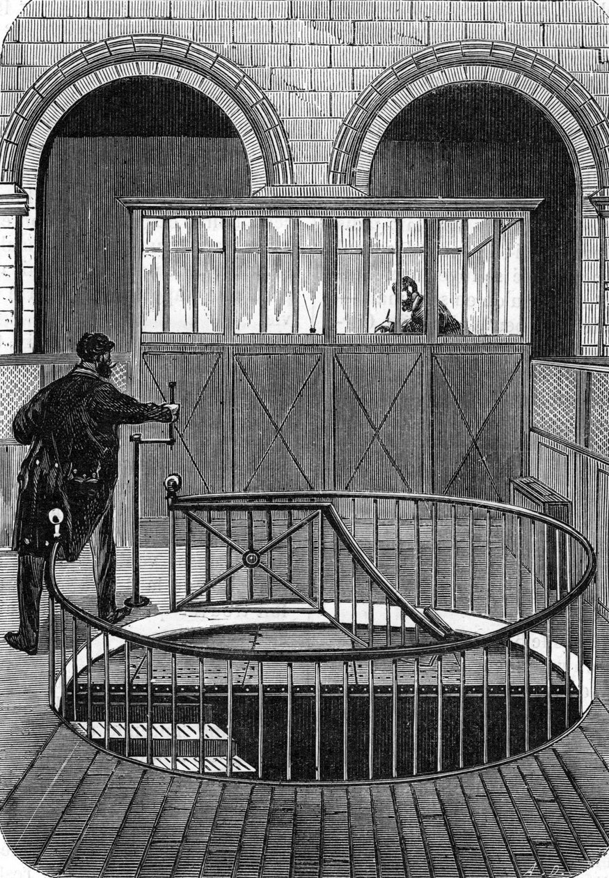 Inngang til tresor-kjellerne til Banque de France i Paris på 1800-tallet (Basement of Bank of France i Paris) (gravering) av French School