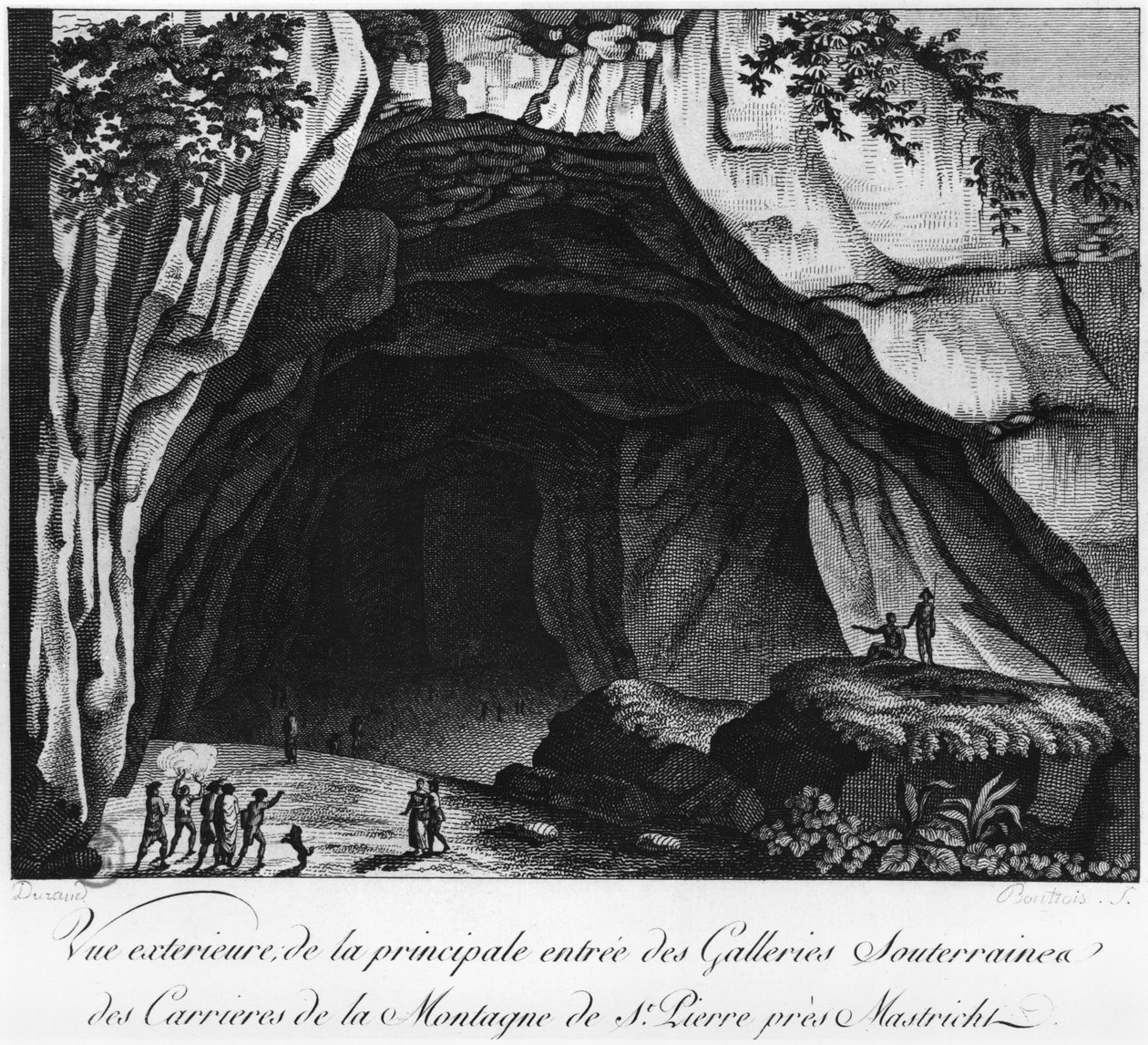 Inngang til de underjordiske steinbruddene, illustrasjon fra Histoire naturelle de la Montagne Saint-Pierre de Maastricht av Barthelemy Faujas de Saint Fond (1743-1819) 1799 av French School