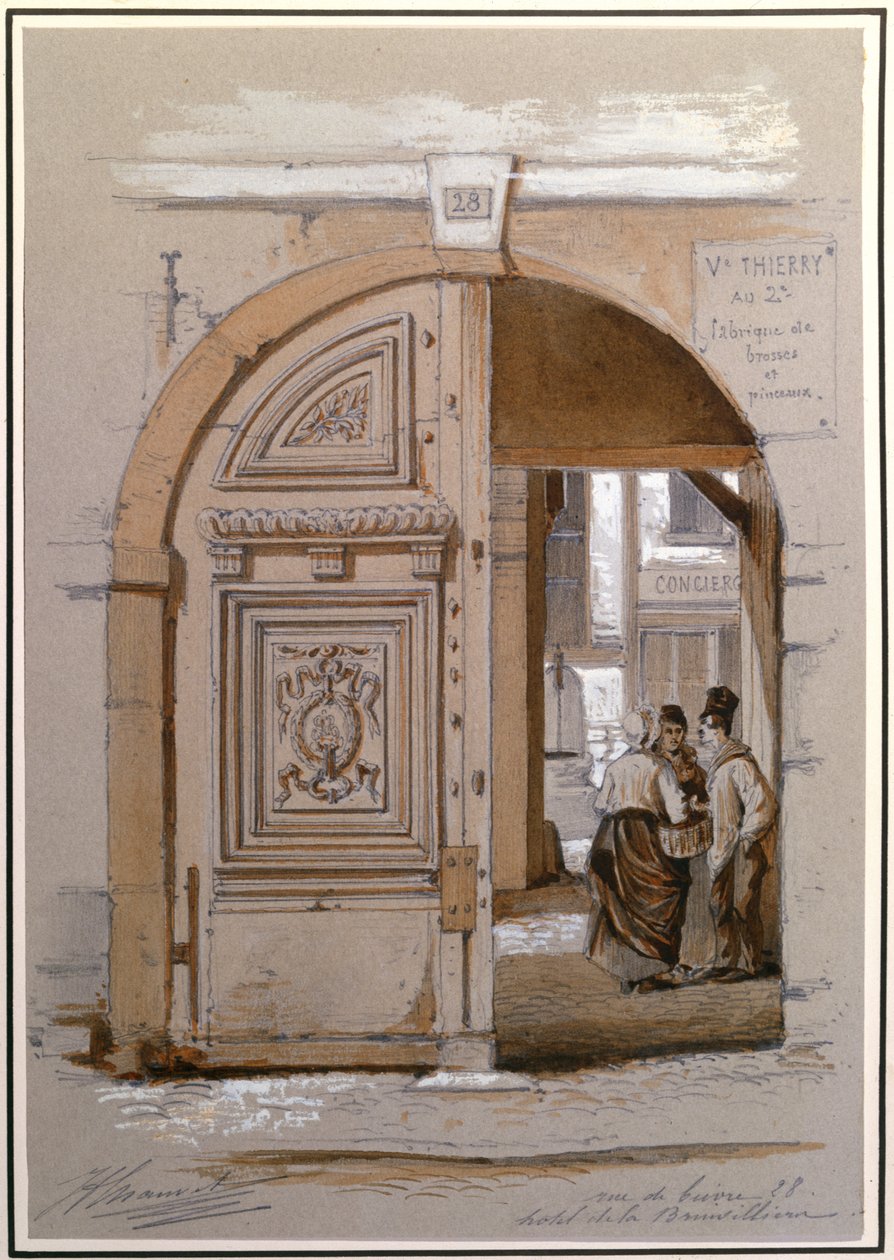 Inngang til hotellet til Marquise de Brinvilliers, 28 rue de Bievre, Paris (kritt og gouache på papir) av French School
