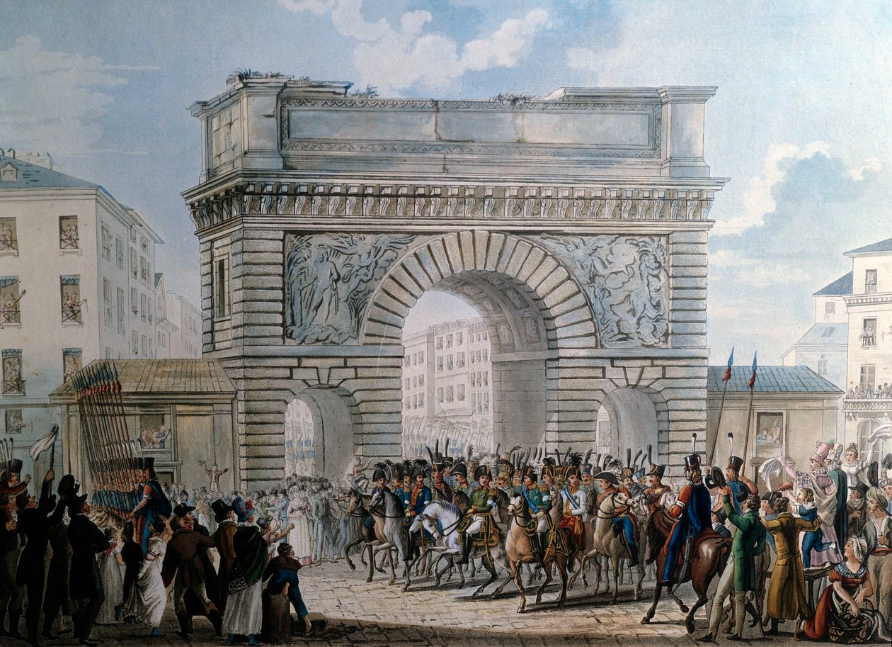 Inntreden av de allierte i Paris av Porte Saint Martin på 03/31/1814 kong Louis XVIII (1755-1824) parade. Trykk fra 1814. Paris, Musee Carnavalet av French School
