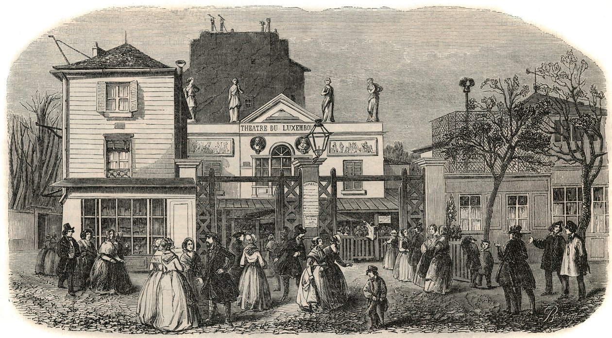 Inngangen til Luxembourg-teatret kalt Bobino på 1800-tallet - Gravering i "" Tableau-de-Paris"" av Edmond Texier 1852 av French School