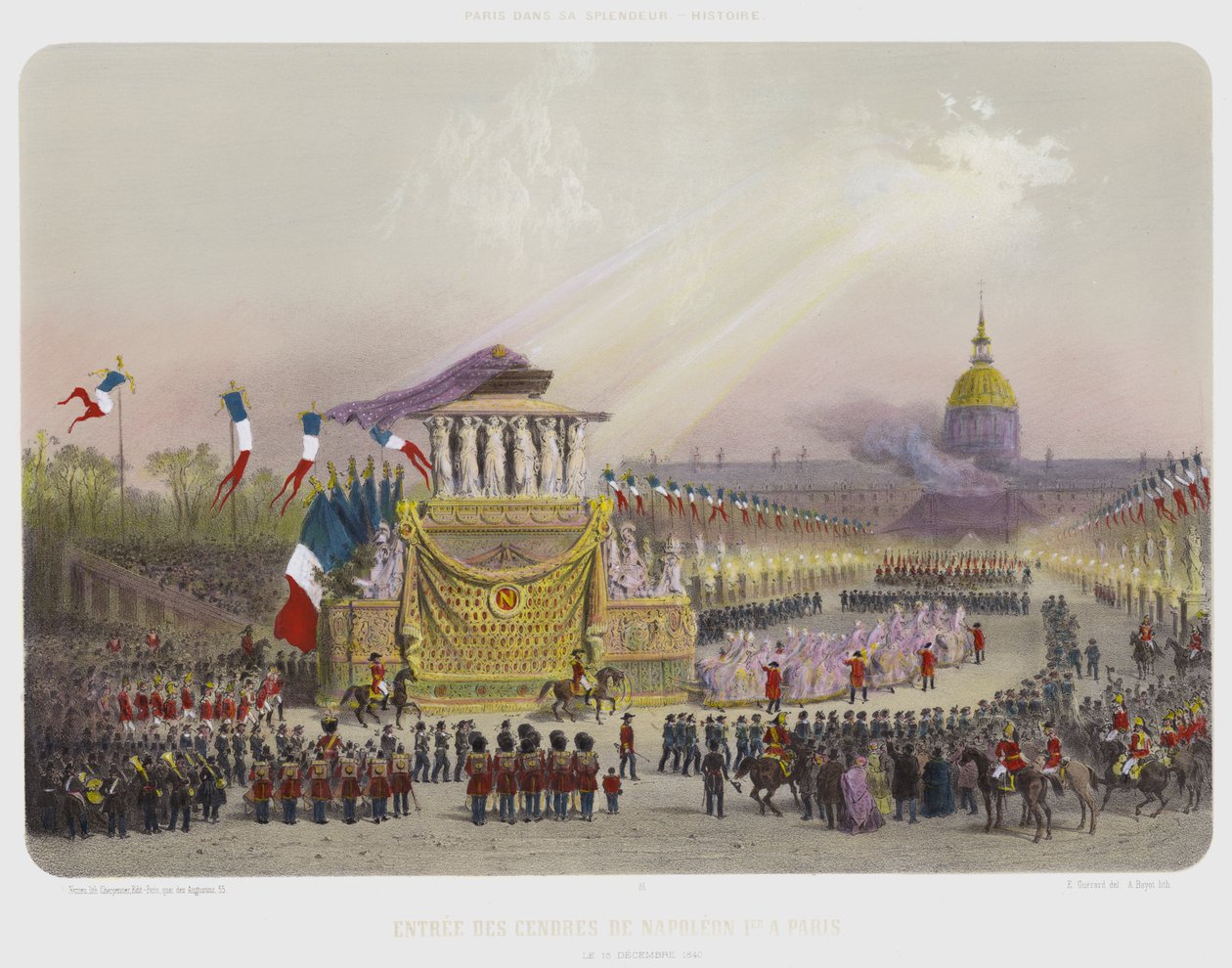 Innføring av Napoleon Is aske i Paris, 15. desember 1840 (fargelitografi) av French School