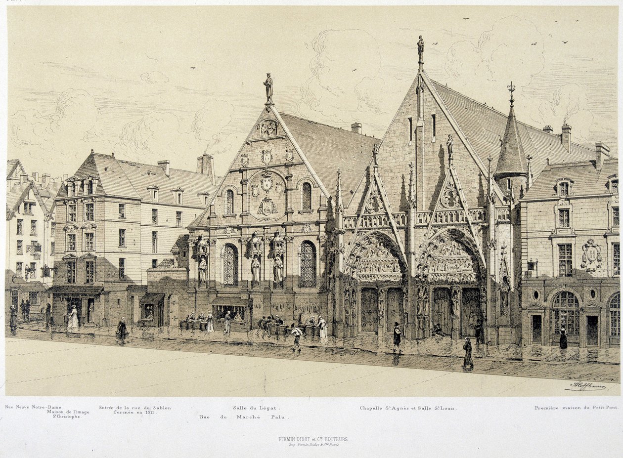 Inngang til Hotel-Dieu (Hotel Dieu), rue du Marche Palu, i 1590 - i "Paris gjennom tidene", slutten av 1800-tallet av French School