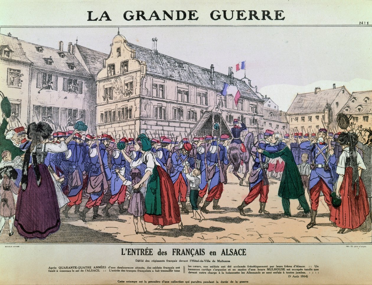 Den franske hærens inntreden i Mulhouse, Alsace, 9. august 1914 (farge litho) av French School