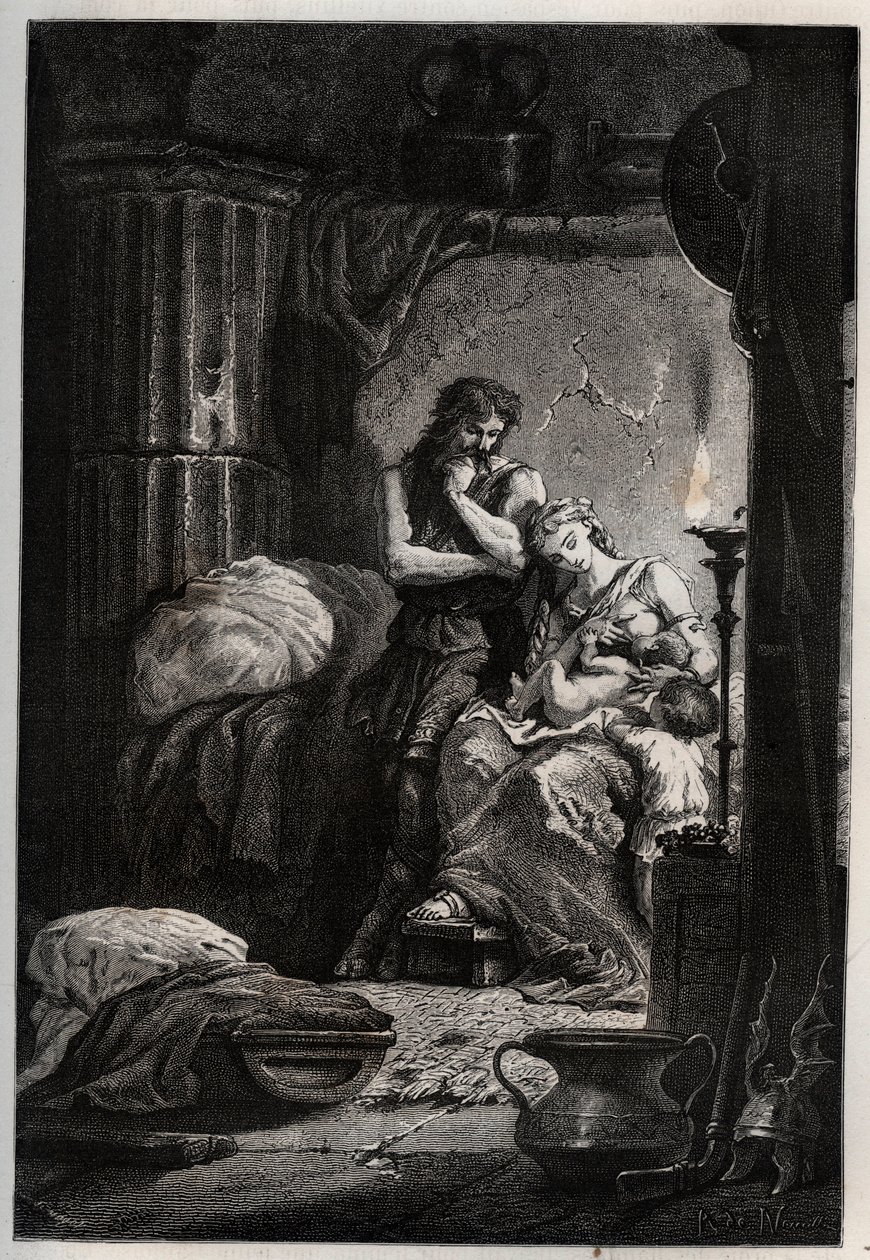 Eponine og hennes ektemann Julius Sabinus (død 78 e.Kr.) bor hemmelig i en hule for å unnslippe Vespasian-keiseren (9-79) - Sabinus og hans kone Eponine, gjemt i en hule - gravering fra "" L