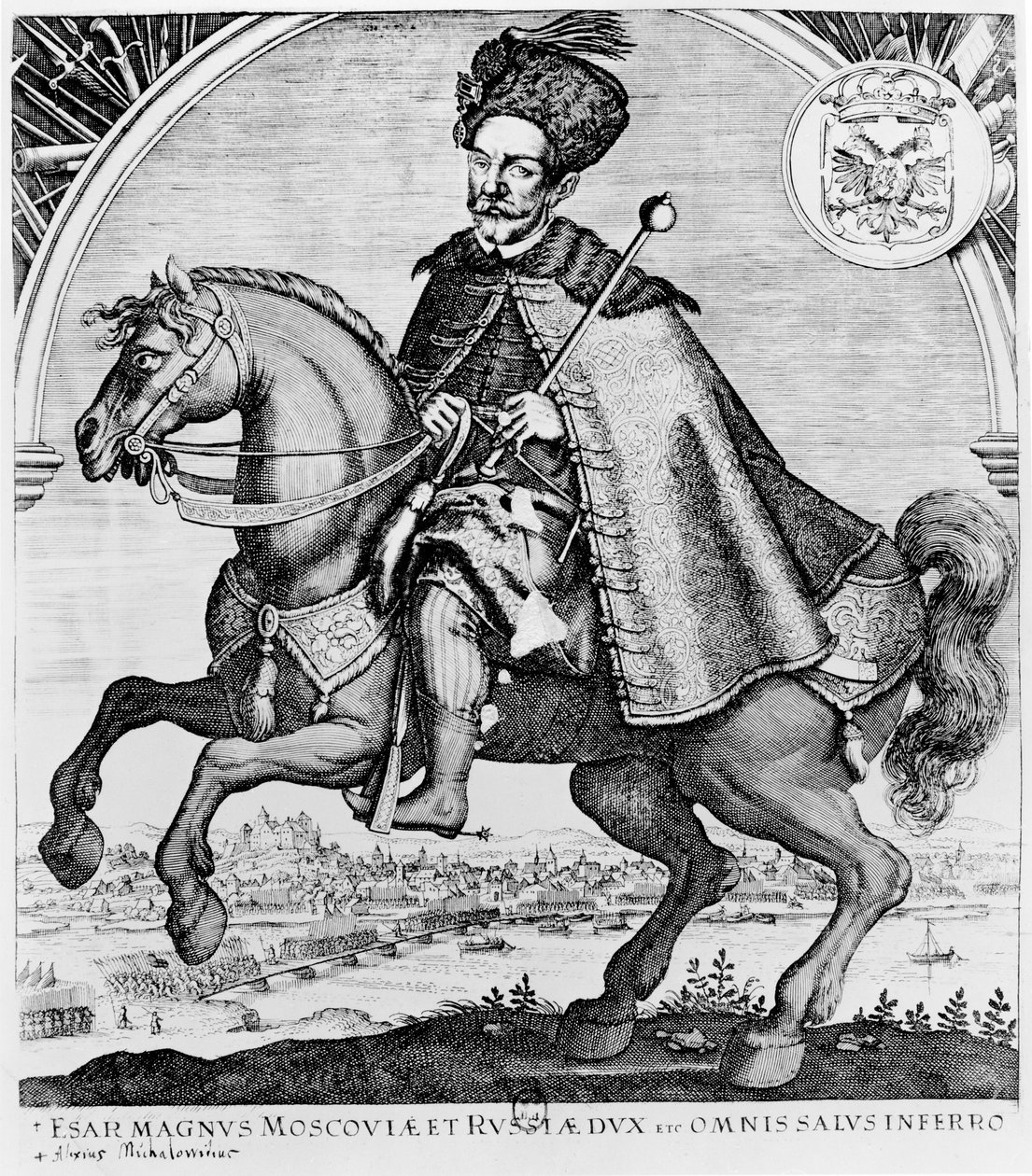 Ridesportrett av Aleksey Mikhailovich, tsar av Russland (gravering) av French School