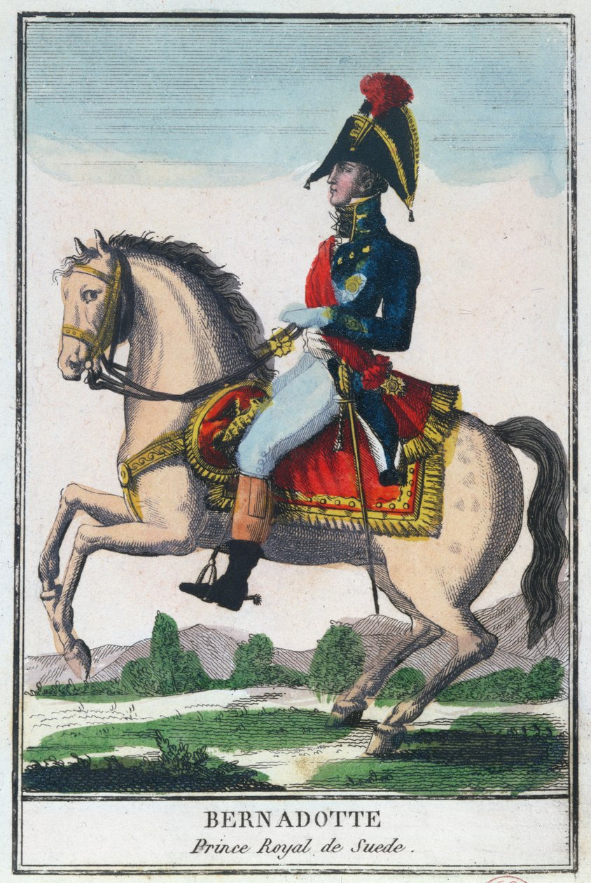 Rytterportrett av Charles Jean Baptiste Bernadotte (1763-1844), tidlig på 1800-tallet (fargegravering) av French School