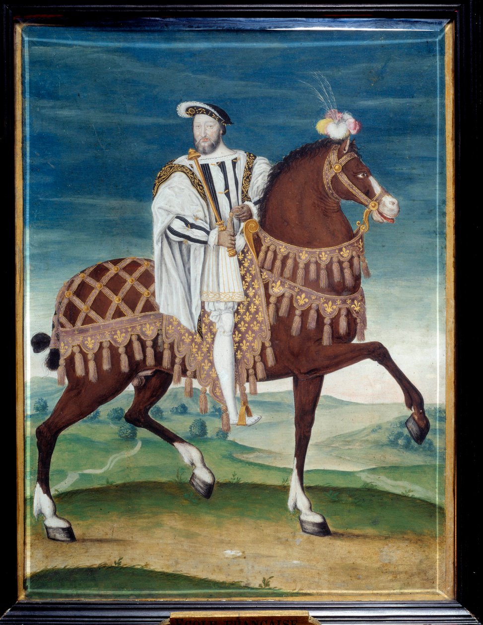 Rytterportrett av Francois I (1494-1547), konge av Frankrike Anonymt maleri av den franske skolen. Det 16. århundre. Dim. 0,27x0,205 m. Musee Conde, Chantilly - Rytterportrett av Francois I (1494-1547), anonym konge av Frankrike. Maleri av franskmennene av French School