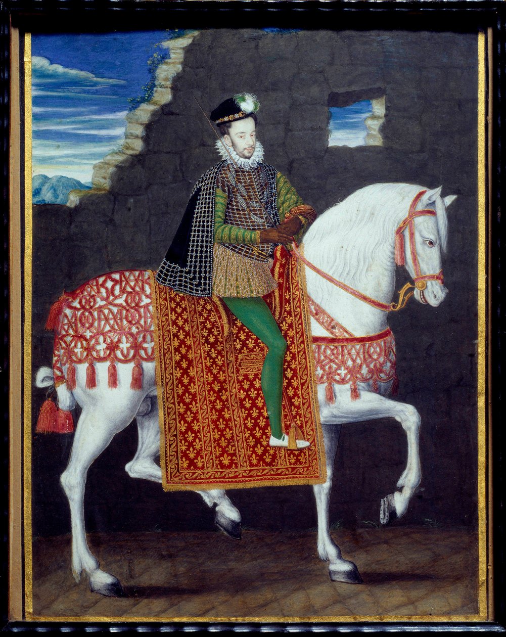 Rytterportrett av Henrik III, kong Frankrike (1551-1589) Anonymt maleri i gouache. 1500-tallets søn. 0,27x0,2 m. Chantilly, Conde-museet av French School