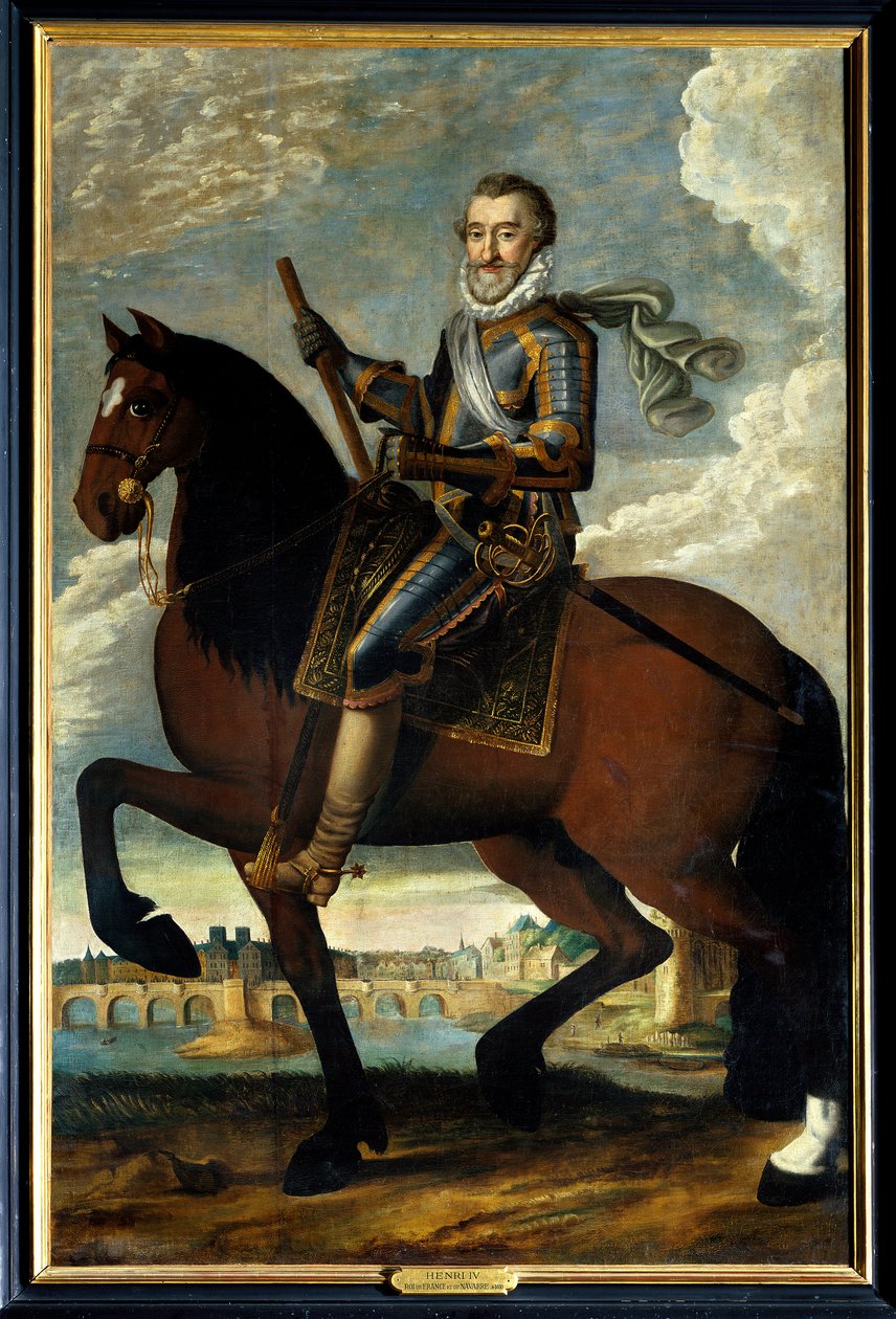 Rytterportrett av Henrik IV (1553-1610) konge av Frankrike foran Pont Neuf i Paris. Anonymt maleri fra 1600-tallet. Olje på lerret. Obligatorisk omtale: Sully sur Loire, Chateau de Sully av French School