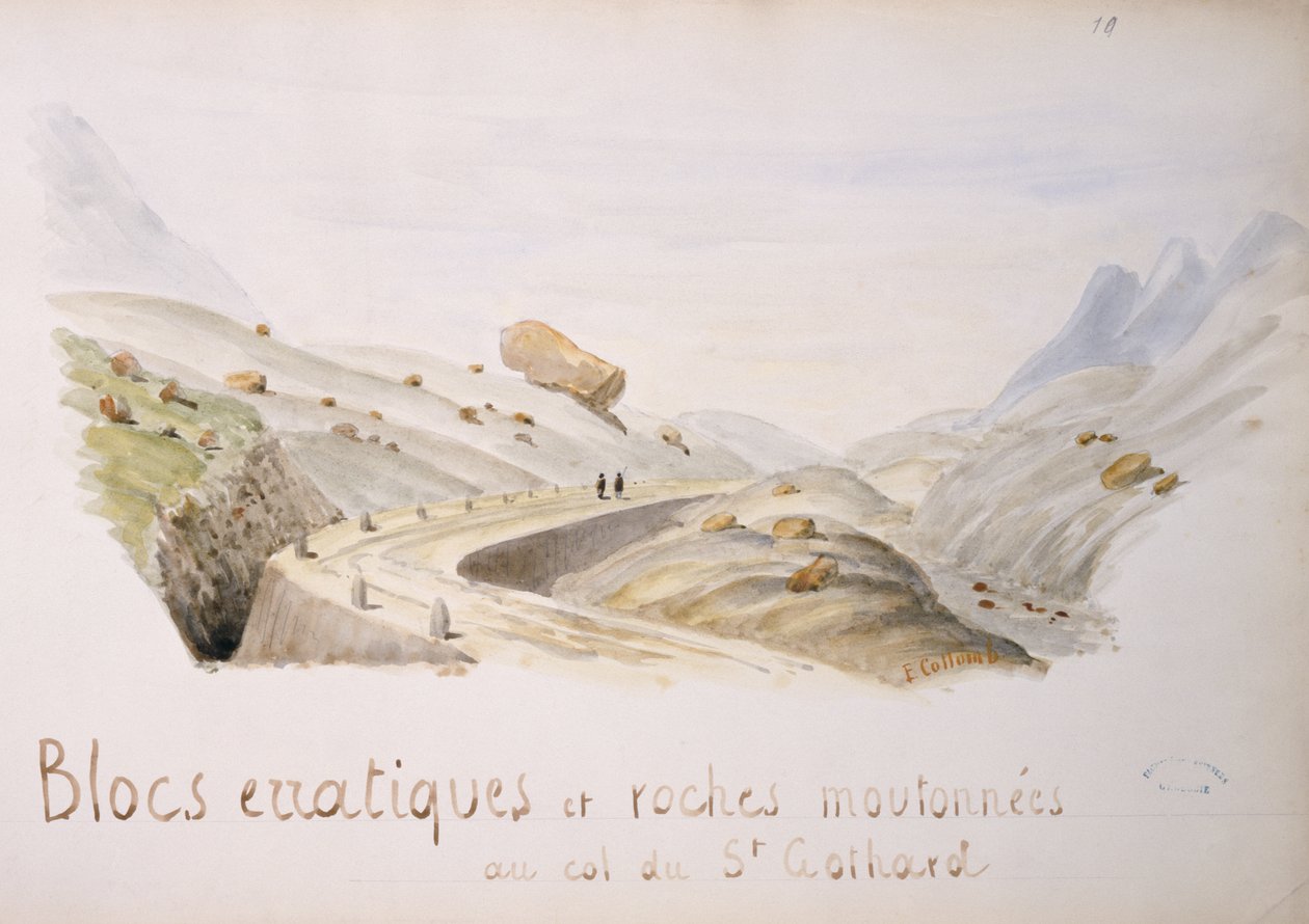 Uregelmessige blokker og steiner ved Saint Gothard-passet i de sveitsiske alpene (wc på papir) av French School
