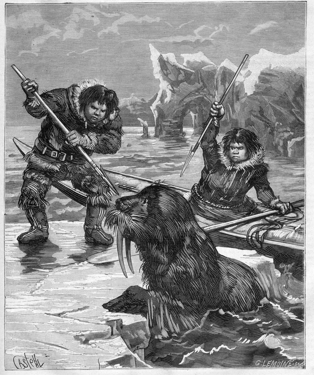 Eskimoer - fiske hvalross - Eskimoer - hvalross fiske i 1888 - - Gravering i "Journal des Voyages"" 1888 av French School