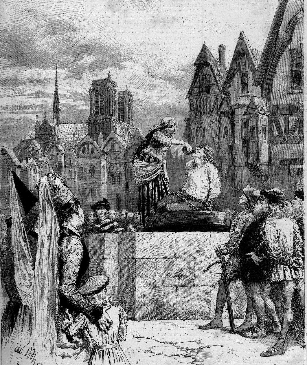Esmeralda gir en drink i Quasimodo på Place de Greve. Illustrasjon av «Notre Dame de Paris» av Victor Hugo (1802-1885). Gravering fra 1879. av French School