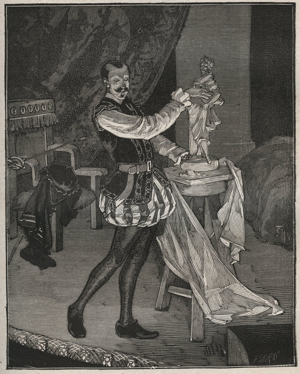 Etienne Marin Melingue (1808-1875), fransk skuespiller som spiller skulptør Benvenuto Cellini i Alexandre Dumas peres "Ascanio", tilpasset scenen av Paul Meurice. Gravering fra 1880 i ""Les arts et professions illustrés"" av Adolphe BITARD. av French School