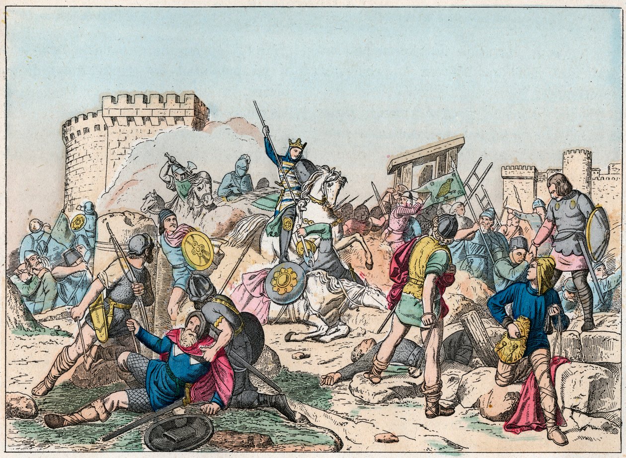 Eudes (Odon) (860-898), Carolingian dynasty, led the battle against the Normans and victoriously defended Paris (885-887) - Eudes (860-898) in battle against the Normans - Engraving of the end of the 19th century in “” Nos Gires Nationales - Images et reci av French School