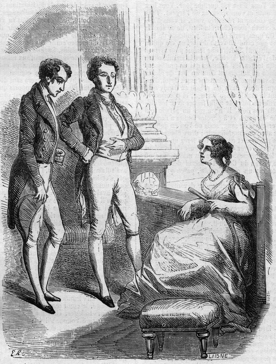 Eugene de Rastignac presentert for Madame de Nucingen av markisen av Adjuda. Gravering midten av 1800-tallet. Illustrasjon for "The Father Goriot" av Honore de Balzac (1799-1850). av French School