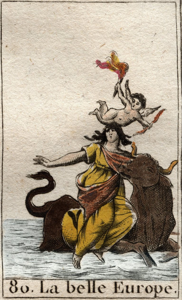 Europa kidnappet av Zeus i form av en okse fra "Mythologie de la jeunesse" av Pierre Blanchard 1803. av French School