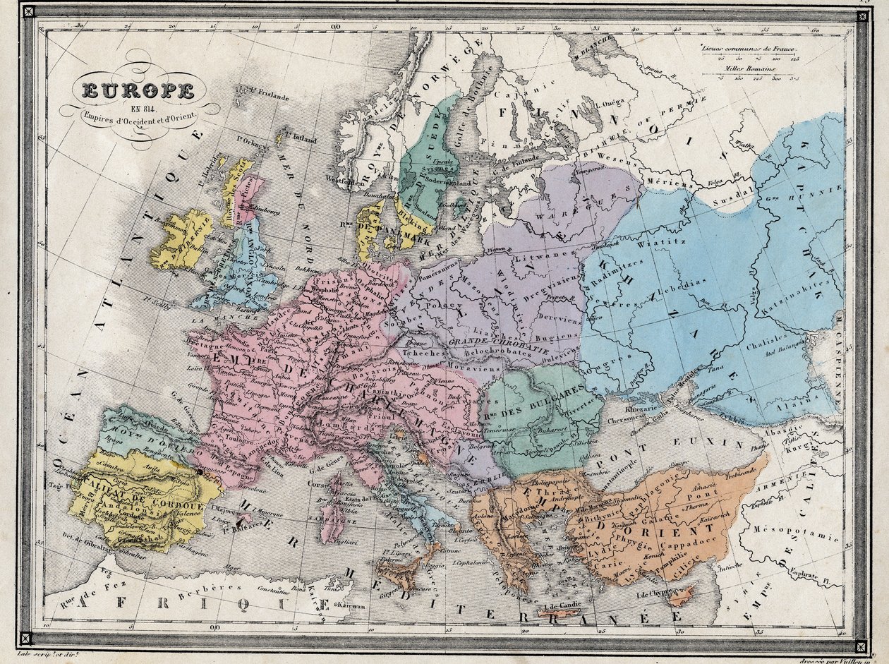 Europa i 814 - Empires of the West and the East - Plate hentet fra "" Universal Atlas of Ancient and Modern Geography for the Use of Residential Schools"" av Vuillemin - ca 1845 av French School