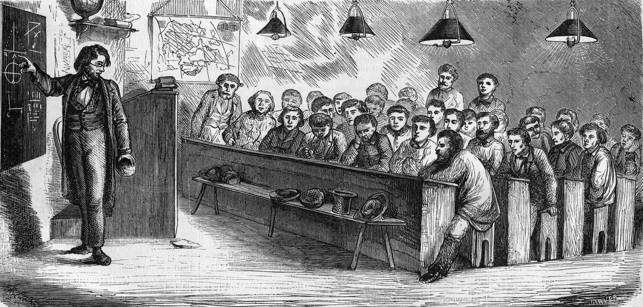Evening class at a public adult school in Paris in 1858. av French School