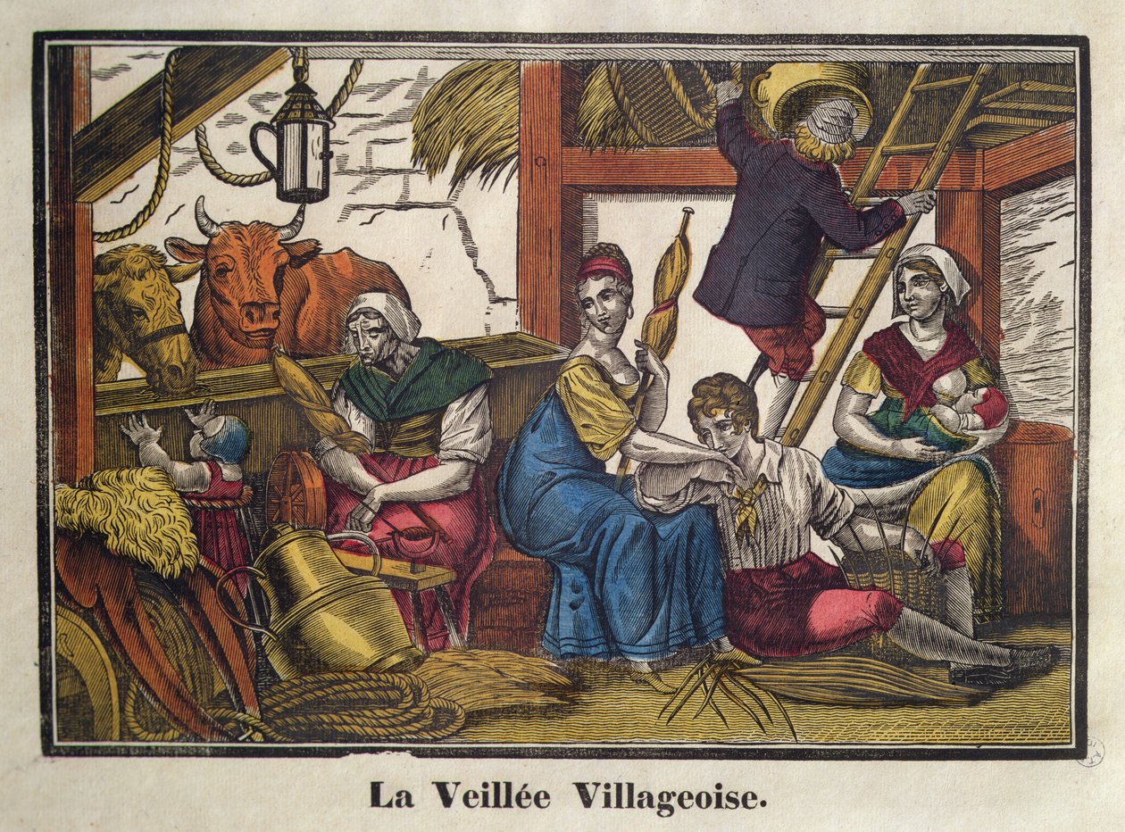 Kveldsliv i landsbyen, tidlig på 1800-tallet (farge litho) av French School