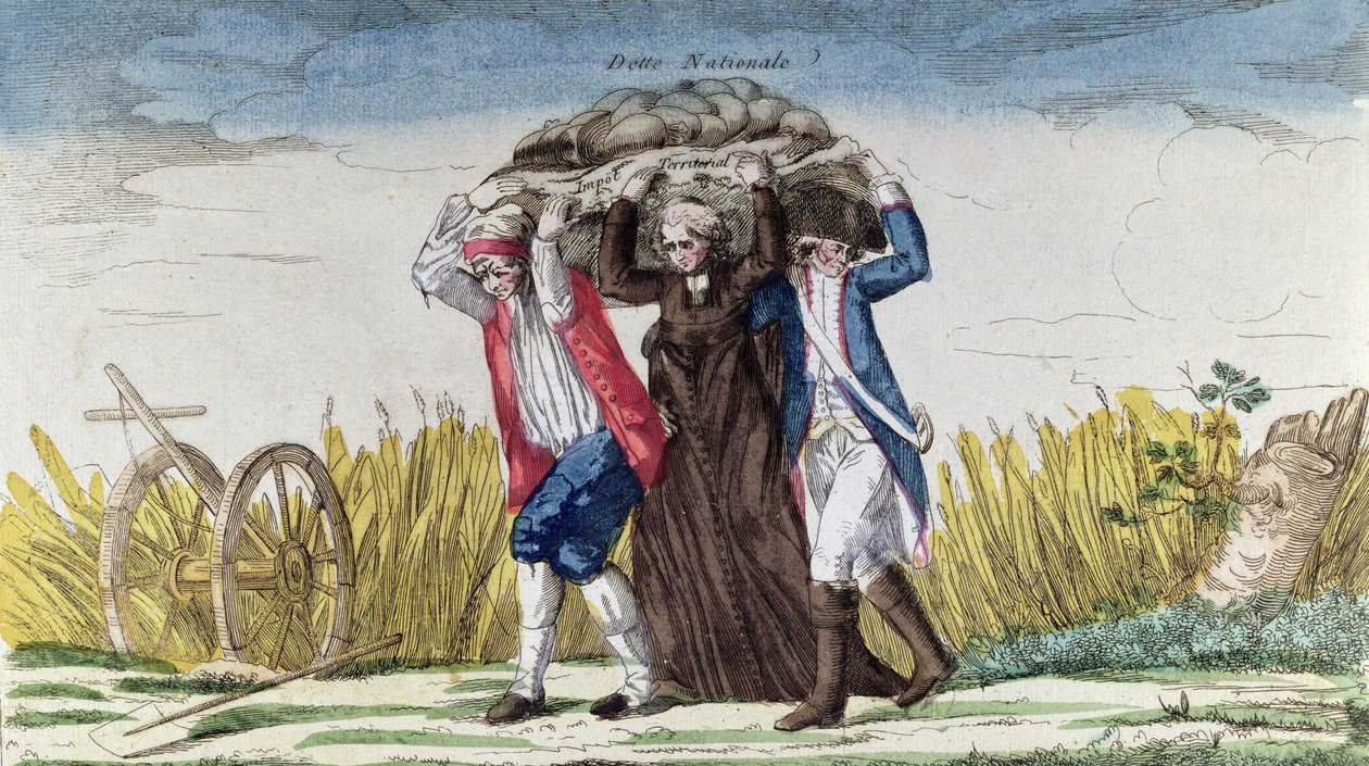 Alle bærer byrden av skatter og statsgjeld, ca. 1789 (fargegravering) av French School