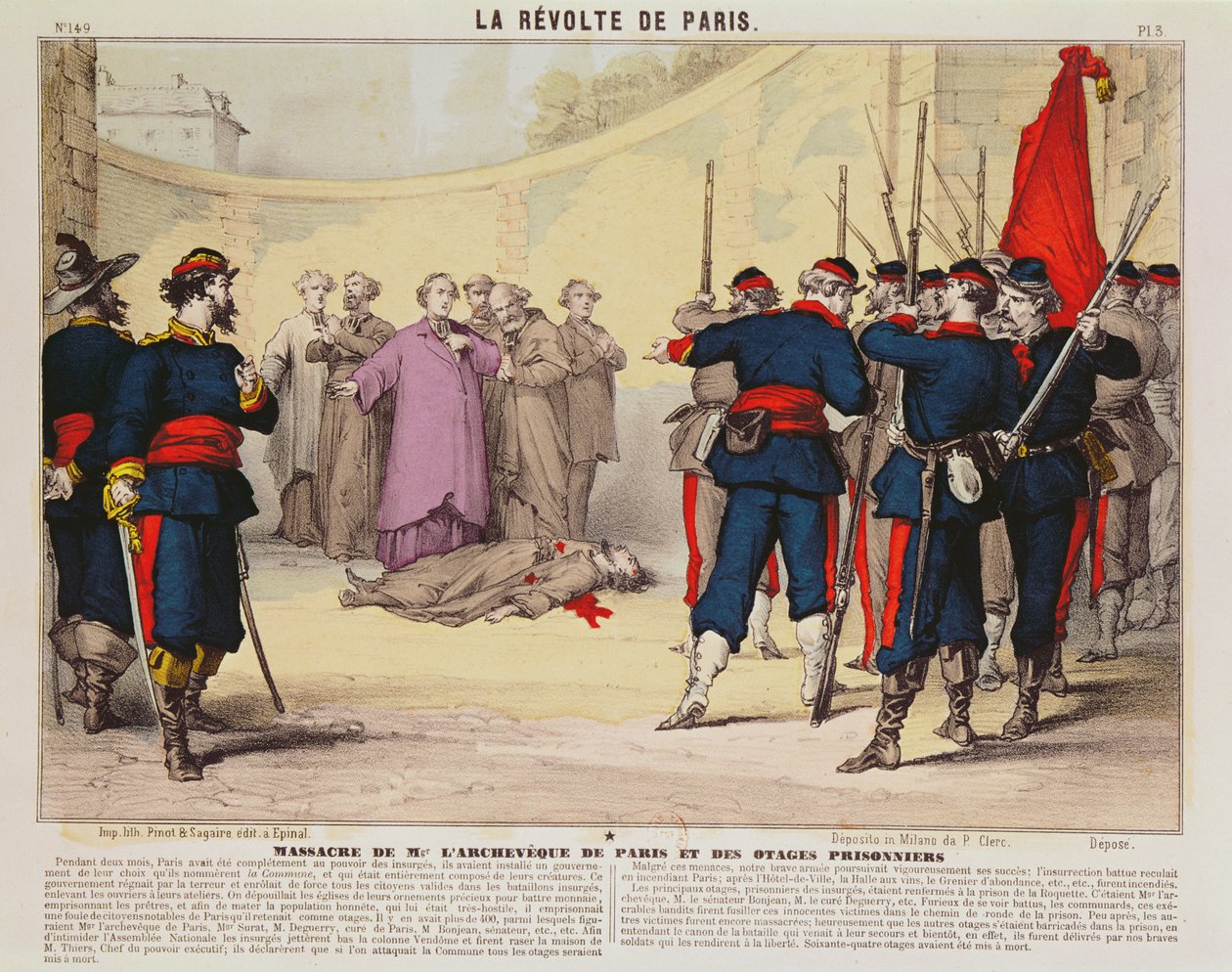 Henrettelse av erkebiskopen av Paris, Monseigneur Darboy, under Paris-kommunen, 1871 (fargegravering) av French School