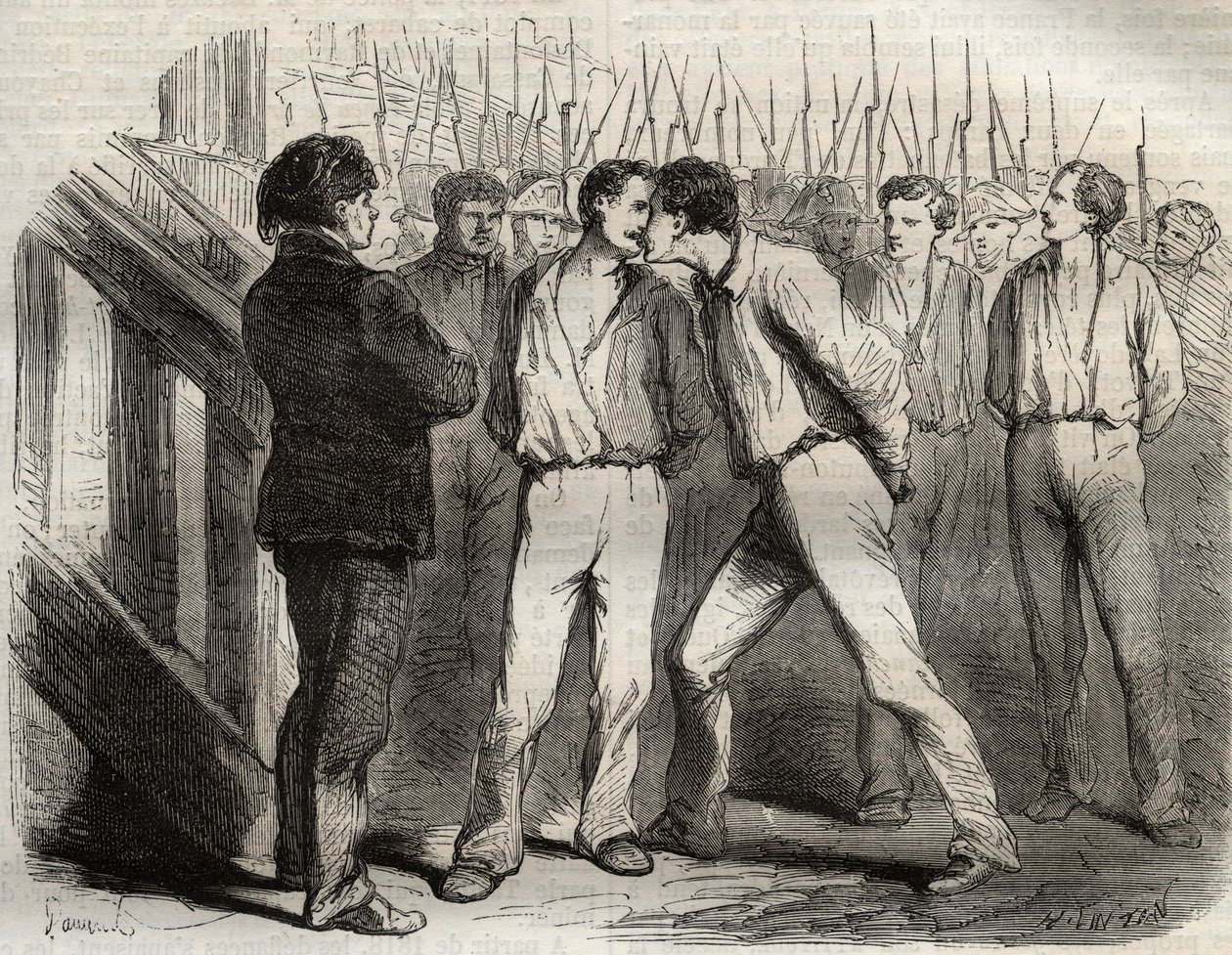 Henrettelse av de fire sersjantene i La Rochelle 21. september 1822: Bories, Raoulx, Gaubin, Pommier - Raoulx, som skulle passere den første, ba om å omfavne kameratene sine - Gravering i "" Causes celebres de tous les peuples"" av Armand Fouquier (1817-18 av French School