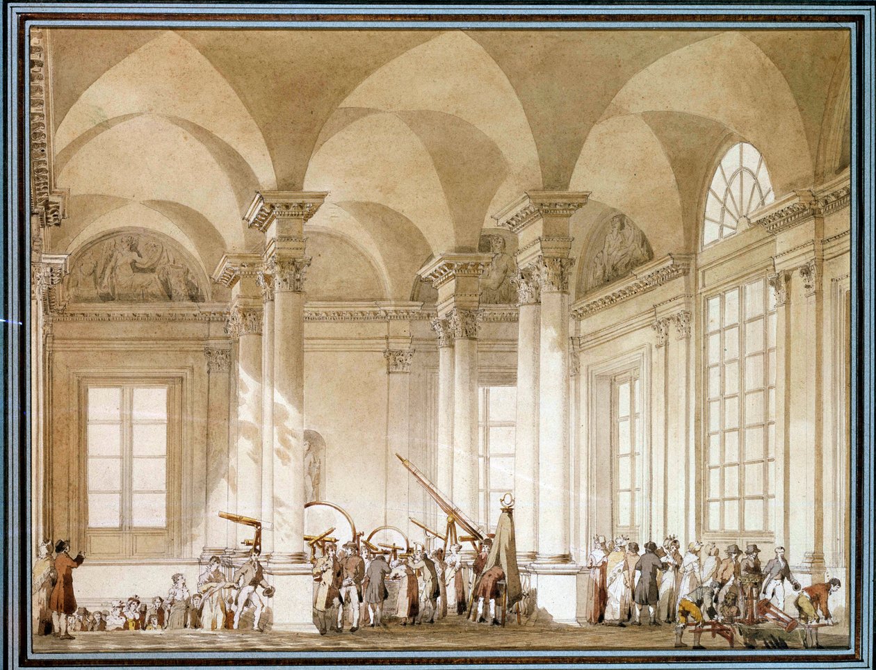 Utstilling av astronomiske briller og optiske instrumenter Akvarell fra 1700-tallet. Paris, Louvre-museet av French School