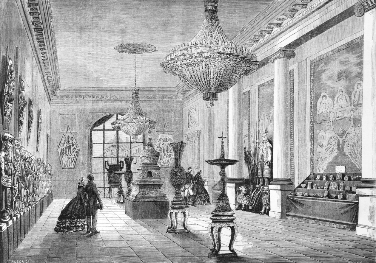 Utstilling av kinesiske kuriositeter gitt til keiseren av ekspedisjonshæren, illustrasjon fra Le Monde Illustre, 1861 av French School