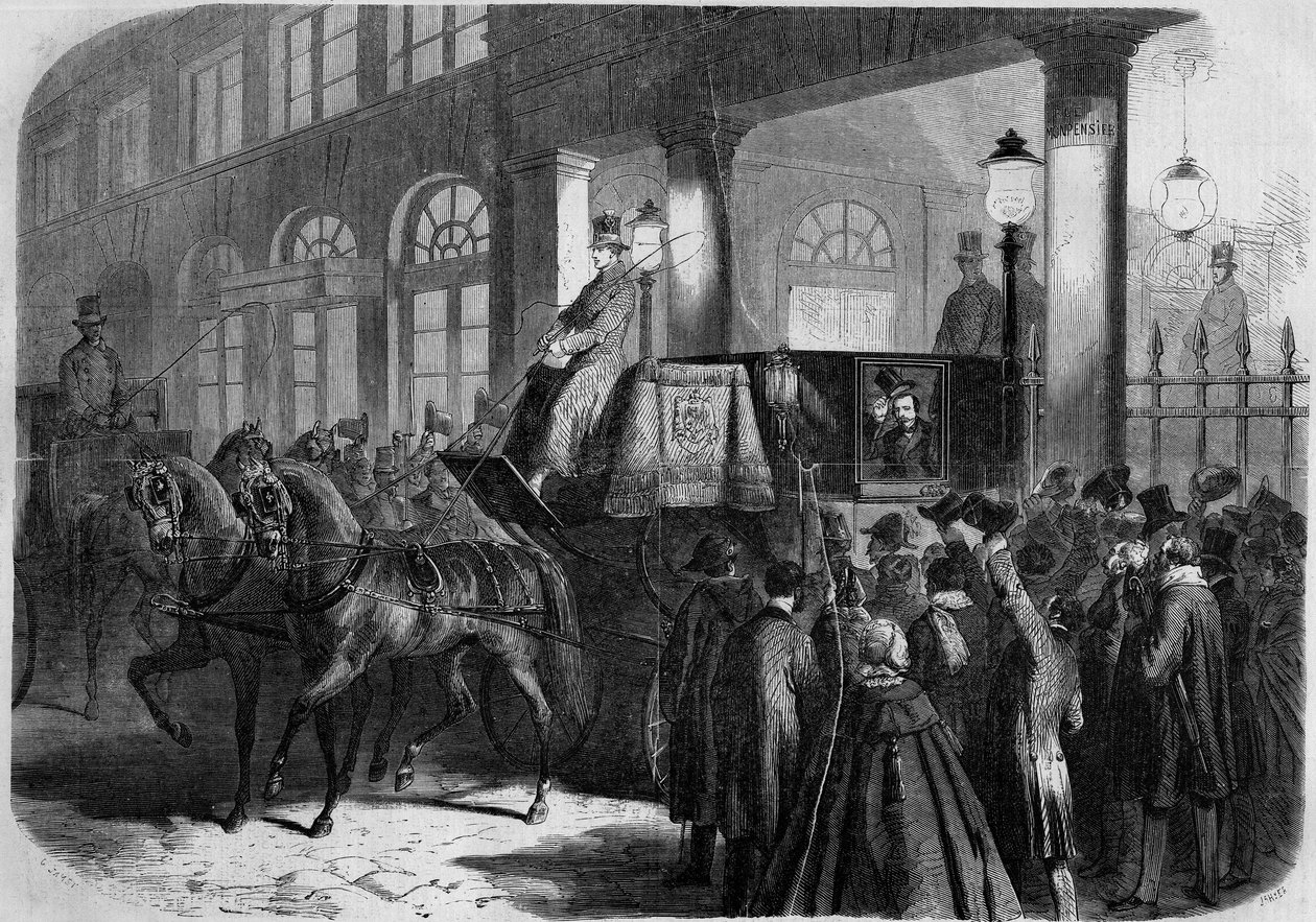 Exit of Emperor Napoleon III (1808-1873) from the Comedie Francaise (Comedie-Francaise) after a representation of “” Chatterton”””. Paris av French School