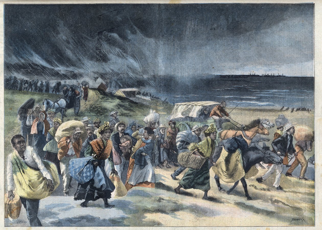 Utvandring av innbyggerne i Fort de France (Fort-de-France) etter utbruddet av vulkanen de la Montagne Pelee på Martinique. Gravering i "" Le Petro Parisien"" av French School
