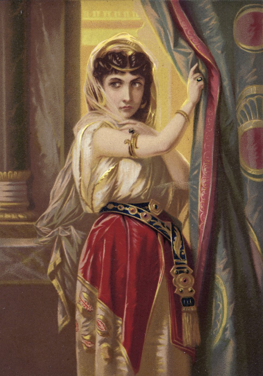 Eksotisk jente iført gullsmykker (chromolitho) av French School
