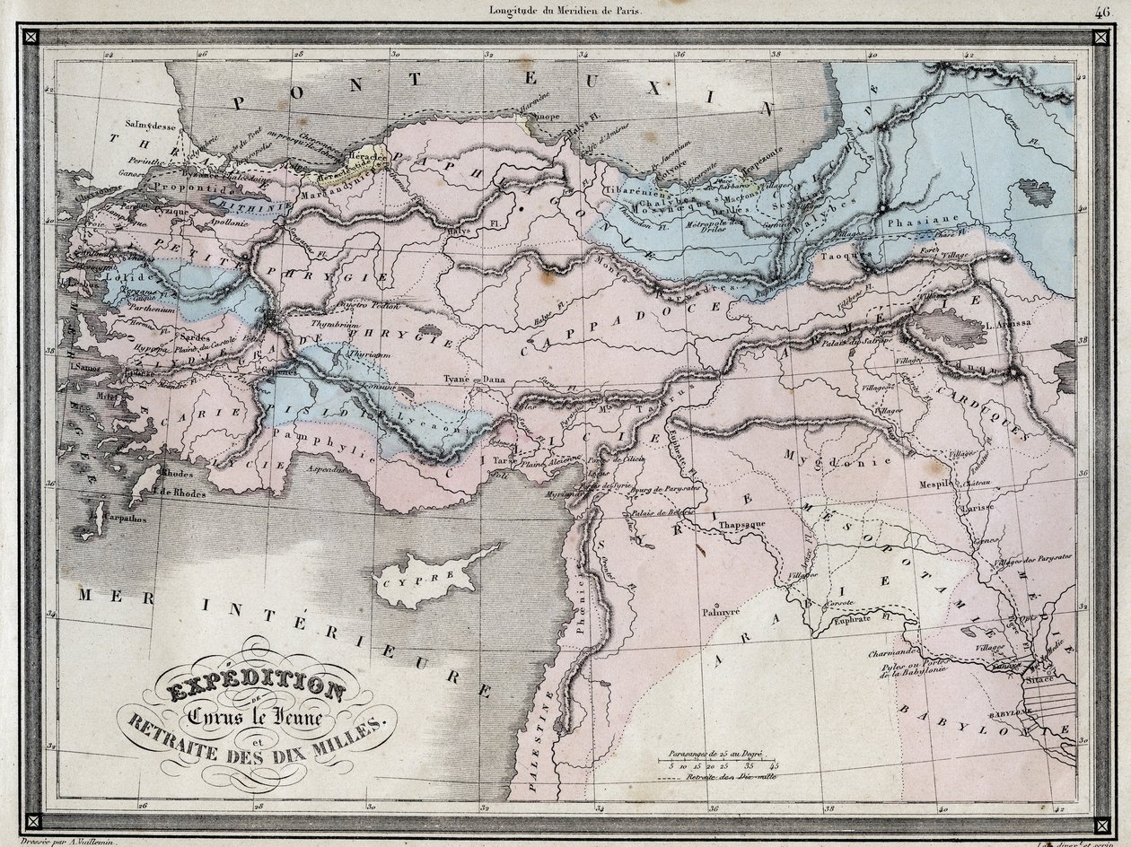 Expedition of Cyrus the Young (5th century BC) and retreat of the ten miles - Plate extracted from “” Universal Atlas of ancient and modern geography for residential schools”” by Vuillemin - ca. 1845 av French School