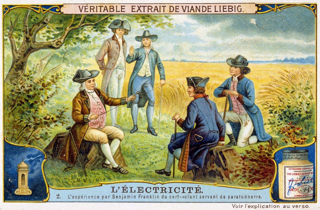 Erfaring fra Benjamin Franklin med flygende hjort brukt som lynavleder - Liebig-reklameklistremerke av French School