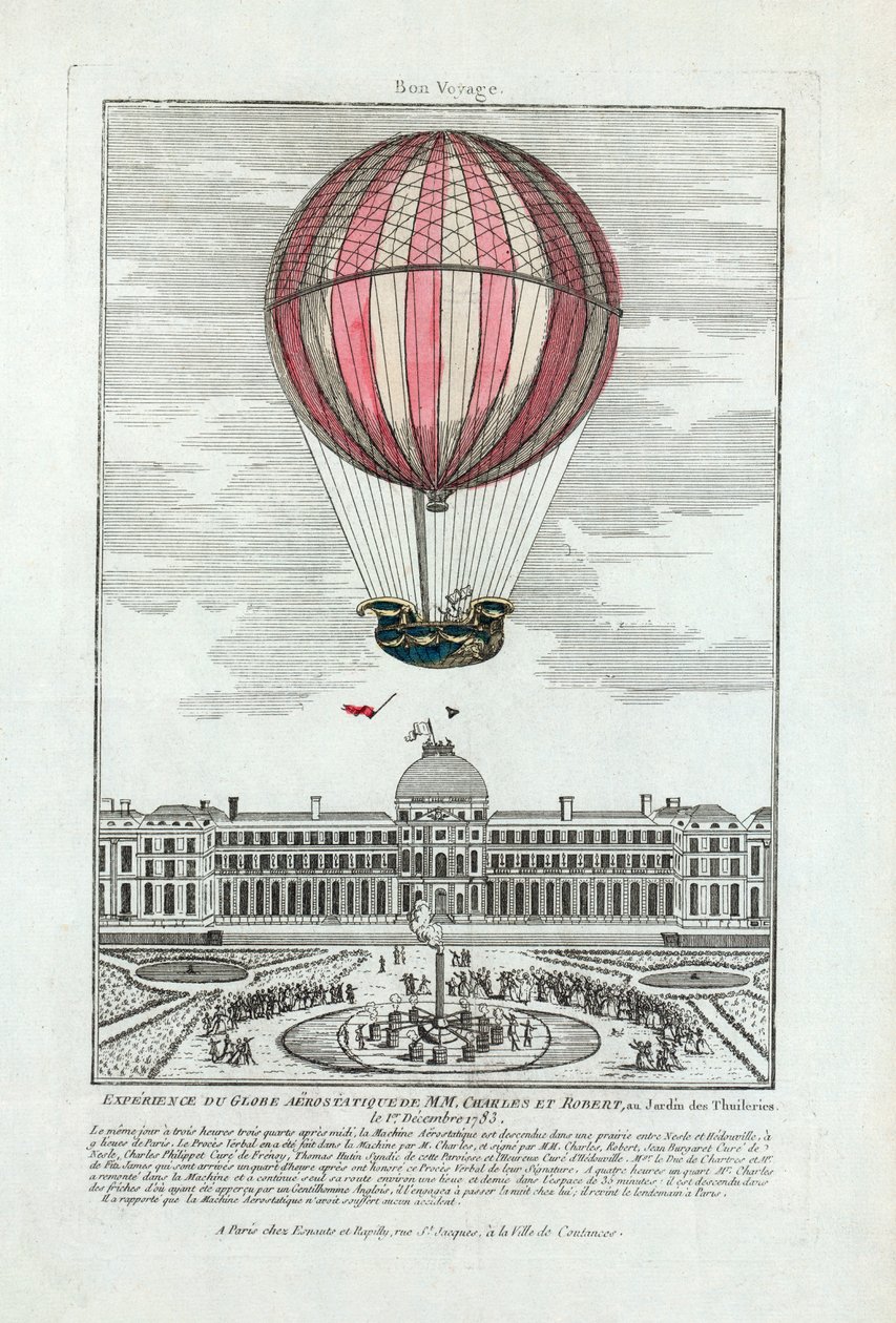 Erfaring med den aerostatiske kloden til MM. Charles og Robert på Jardin des Thuileries 1. desember 1783, pub. 1783 (håndfarget gravering) av French School