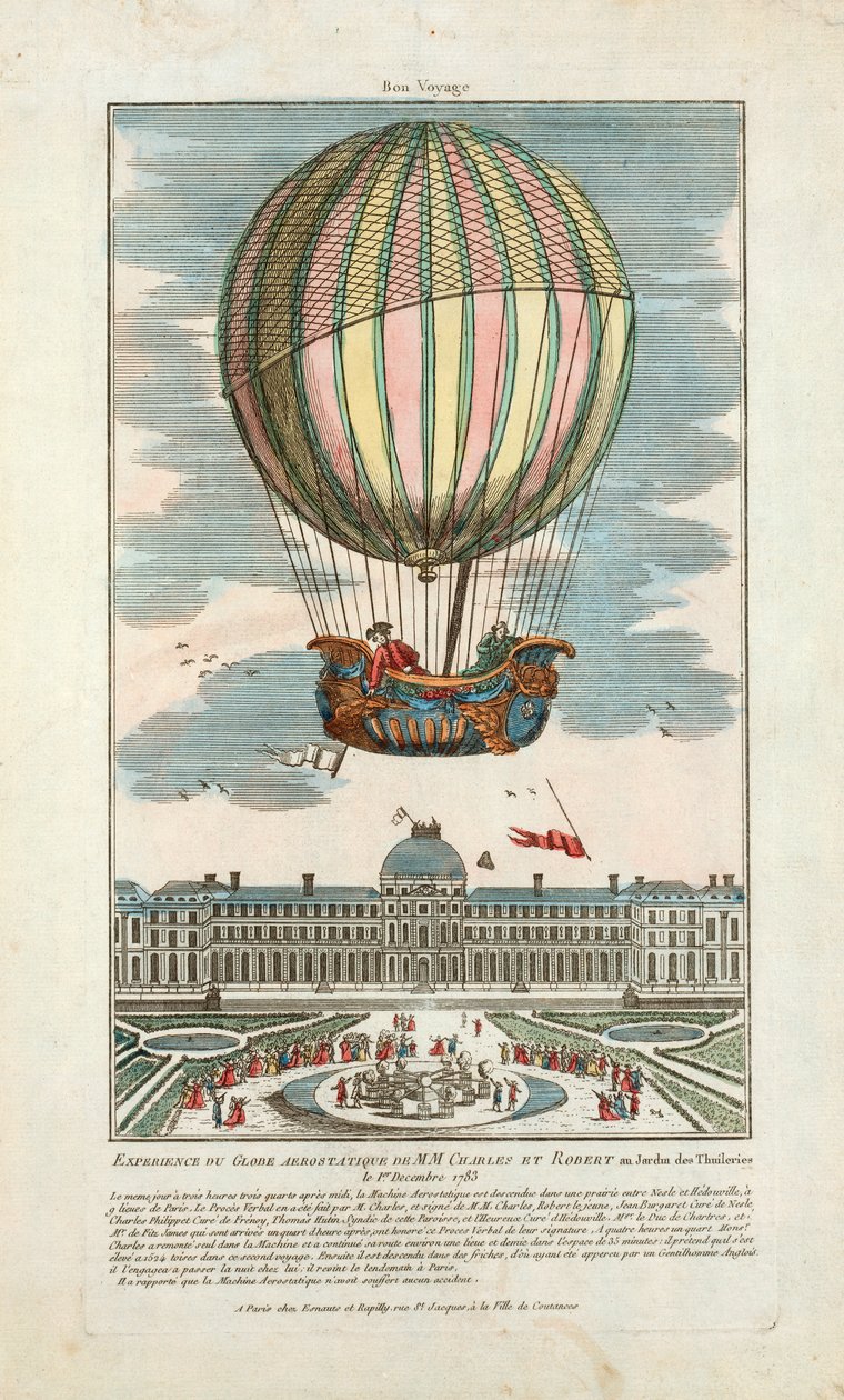 Erfaring med den aerostatiske kloden til MM. Charles og Robert på Jardin des Thuileries 1. desember 1783, pub. 1783 (håndfarget gravering) av French School