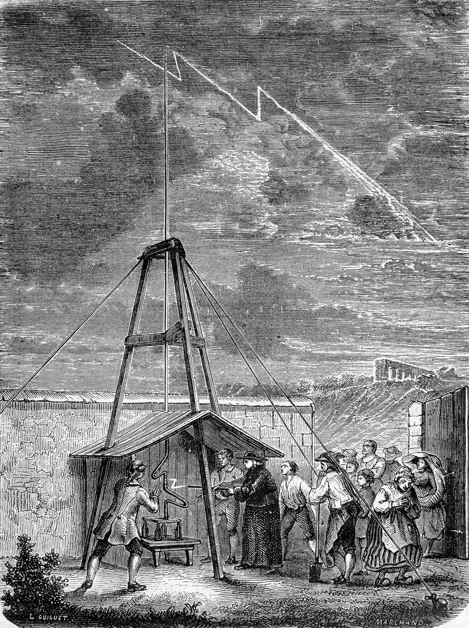 Erfaring gjort 10. mai 1752, av Thomas Francois (Thomas-Francois) Dalibard (1703-1779) en Marly, første demonstrasjon av tilstedeværelsen av elektrisitet i stormfulle skyer - gravering av French School