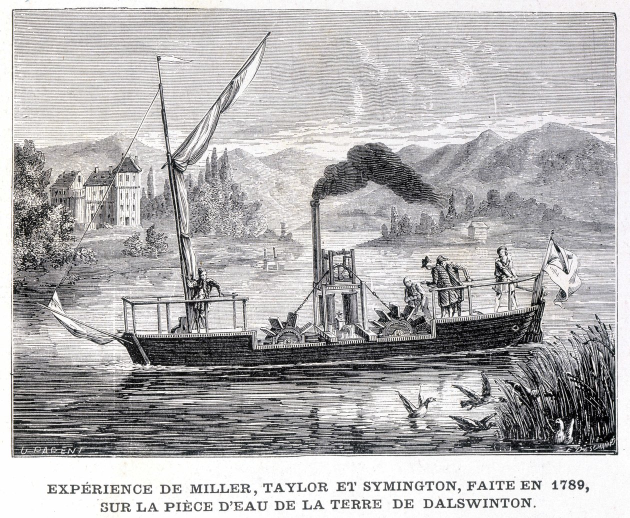 Erfaring av Miller, Taylor og Symington, laget i 1789, på vannstykket i Dalswintons land - i "" Album of Science; berømte lærde; Store oppdagelser””” 1896. av French School