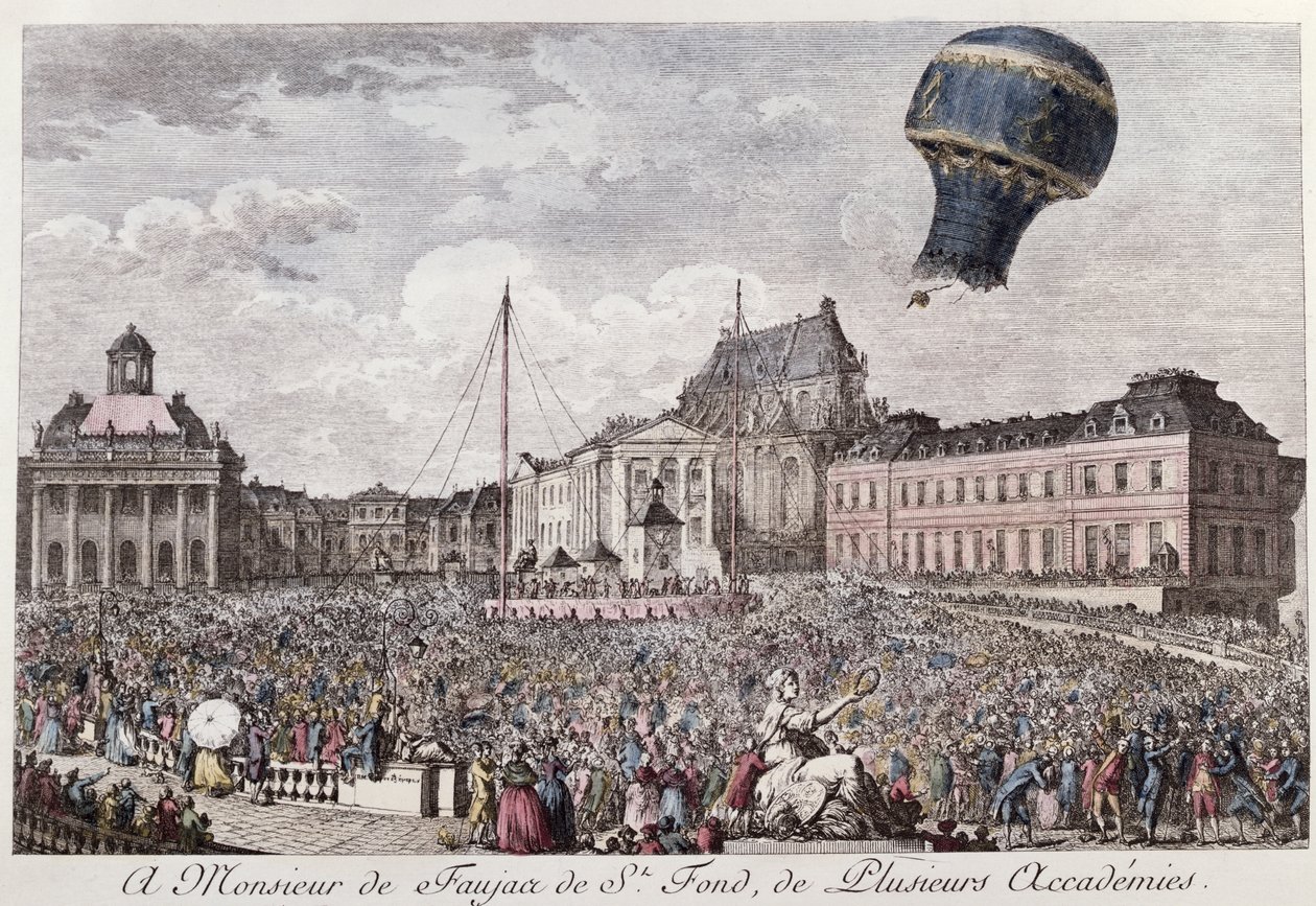 Eksperimenter Montgolfier-brødrene i Versailles med flyturen i en Montgolfiere varmluftsballong av en hane, en and og en sau den 19. september 1783 av French School