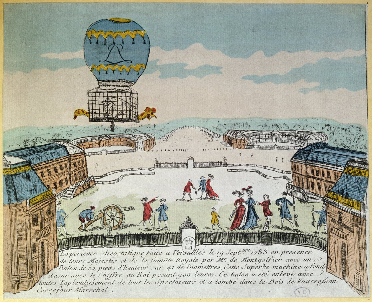 Eksperimenter Montgolfier-brødrene i Versailles med flyturen i en Montgolfiere varmluftsballong av en hane, en and og en sau den 19. september 1783 av French School