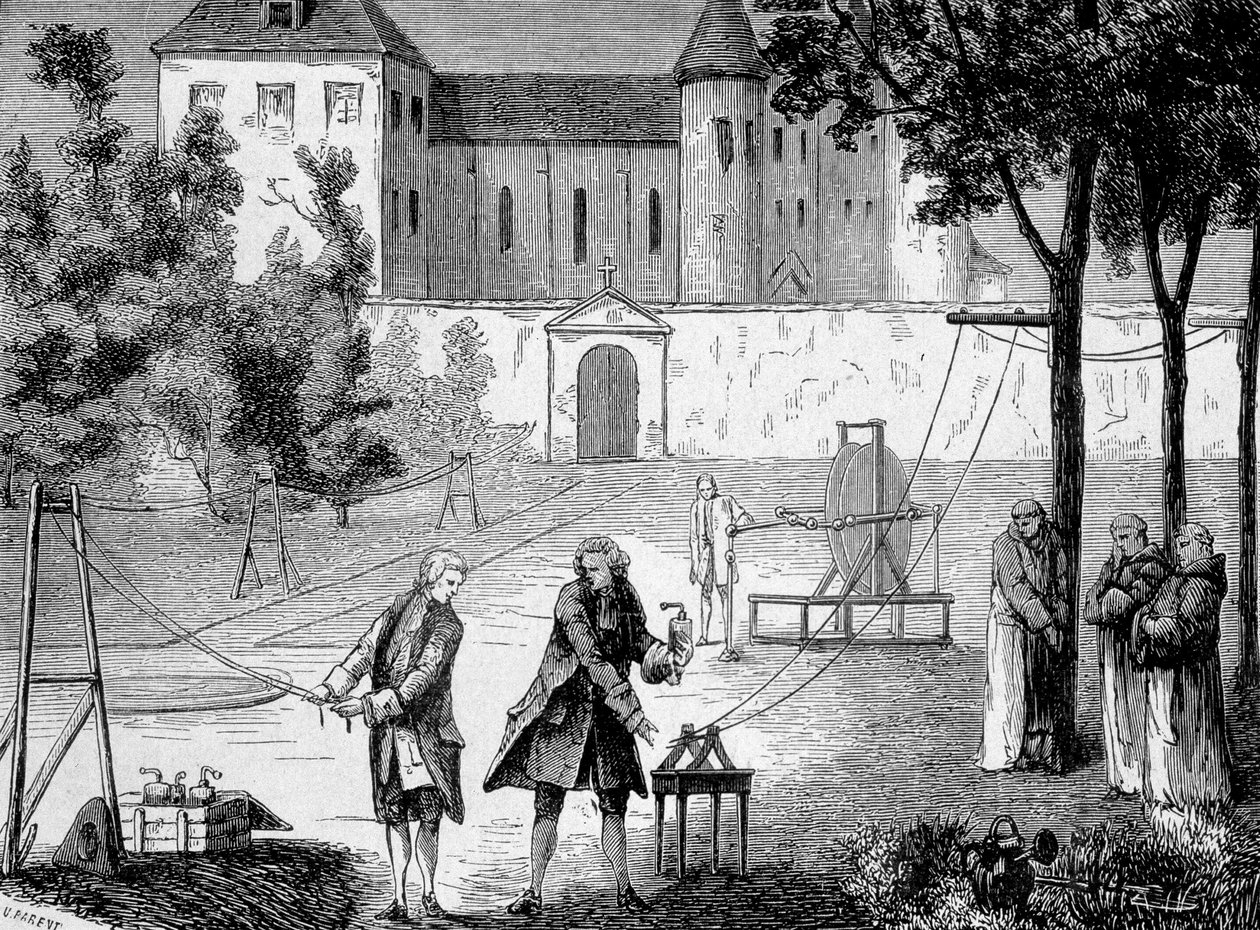Eksperiment gjort i 1746 av Lemonnier i klosteret Chartreux for å sette pris på elektrisitetens hastighet - i "Album de la Science; berømte vitenskapsmenn; Store funn""" 1896. av French School