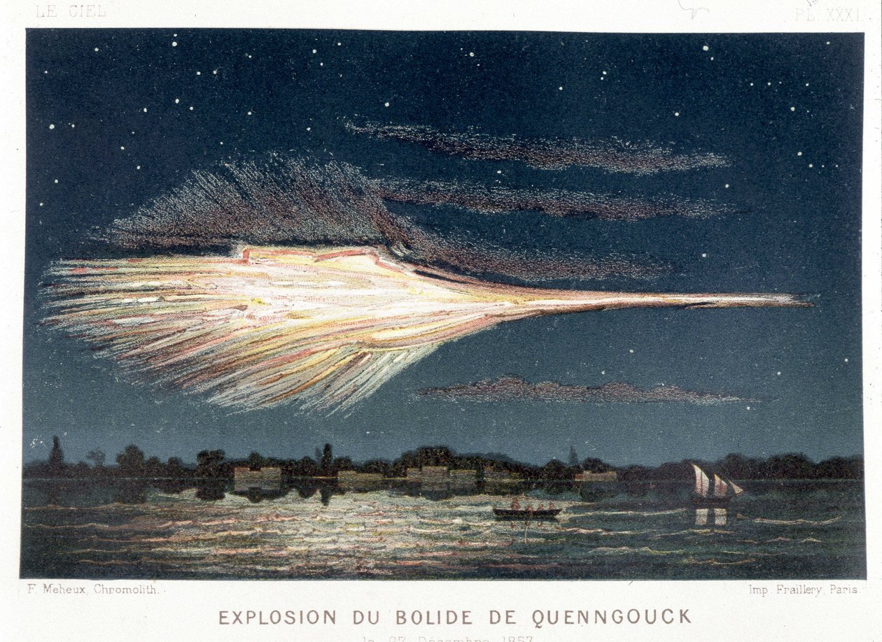 Eksplosjon av Quenngouck bolide (meteoritt) 27. desember 1857 - i "" Le Ciel"" av Amédée Guillemin, Paris av French School