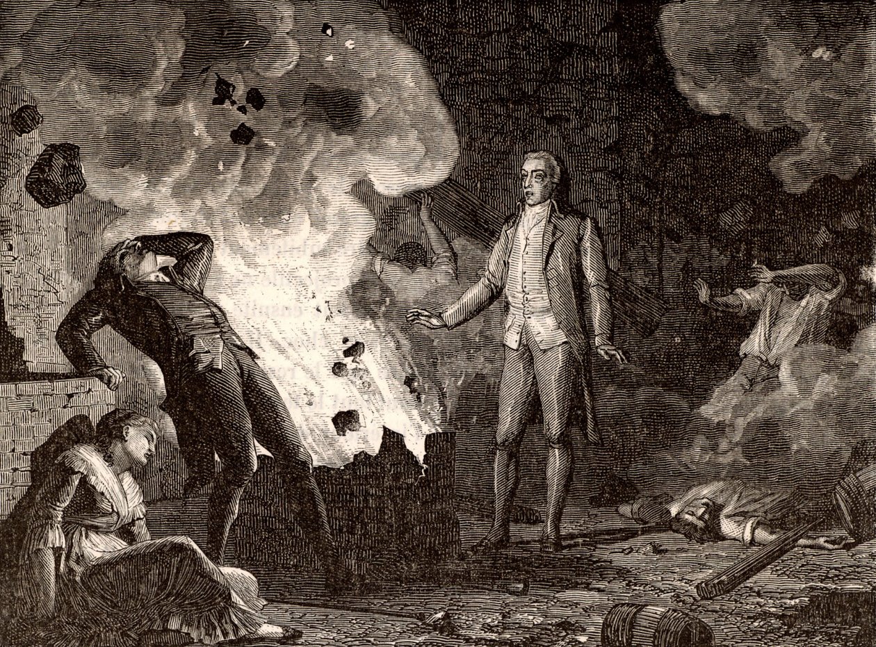 Eksplosjon av sprengstofffabrikken i Essonne, Frankrike, ca. 1788 (gravering) av French School